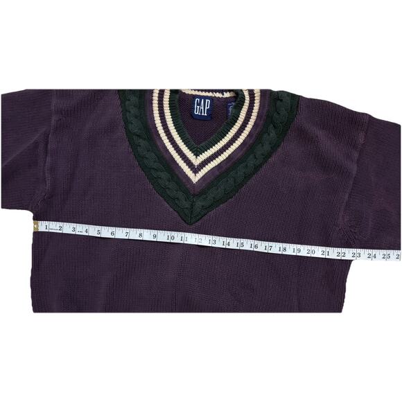 Vtg GAP V Neck Cable Knit Sweater Pullover Tennis Style Purple-Green-White XL - Picture 6 of 7